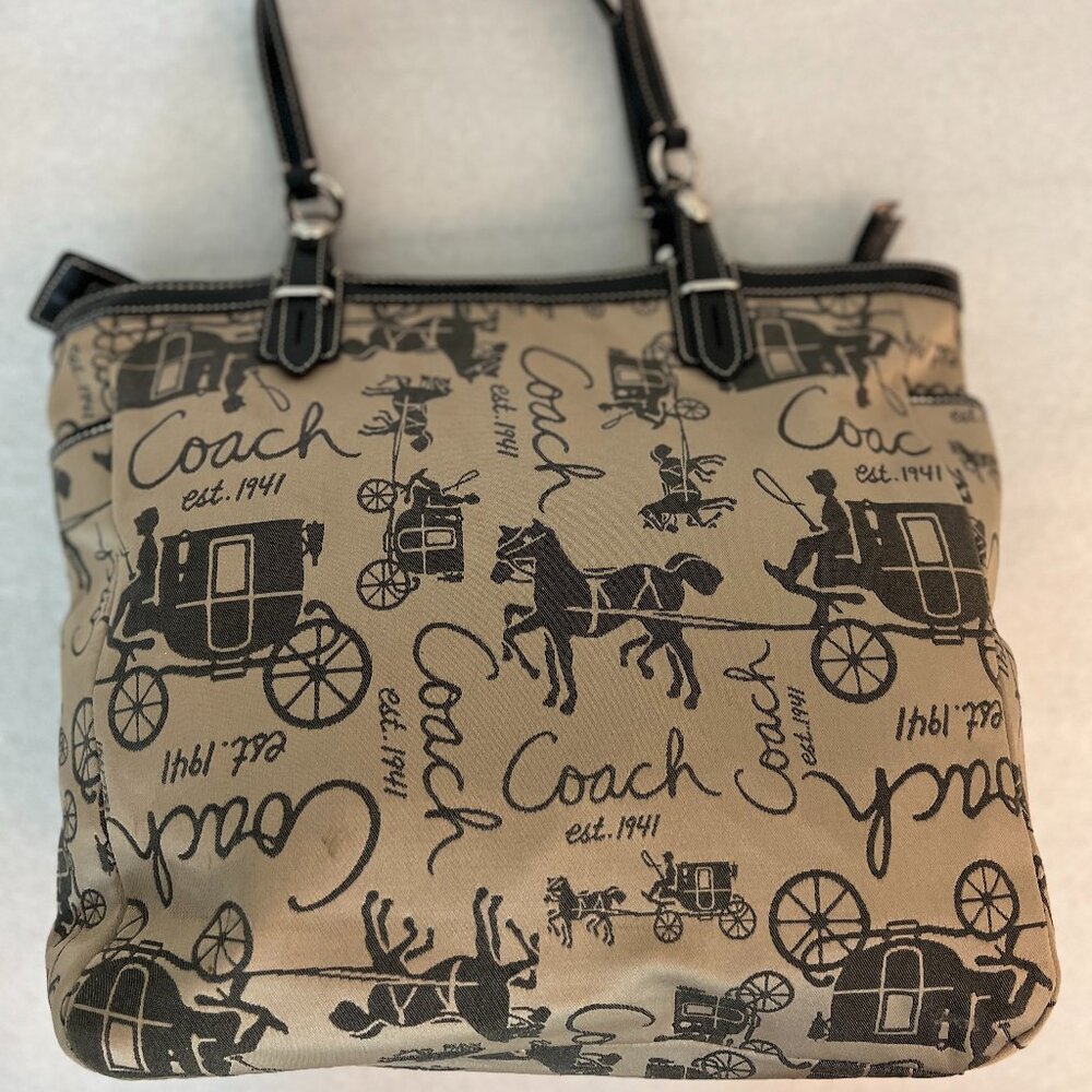 COACH Vintage Horse & Carriage Tan Satin Shoulder Bag Black Leather Straps